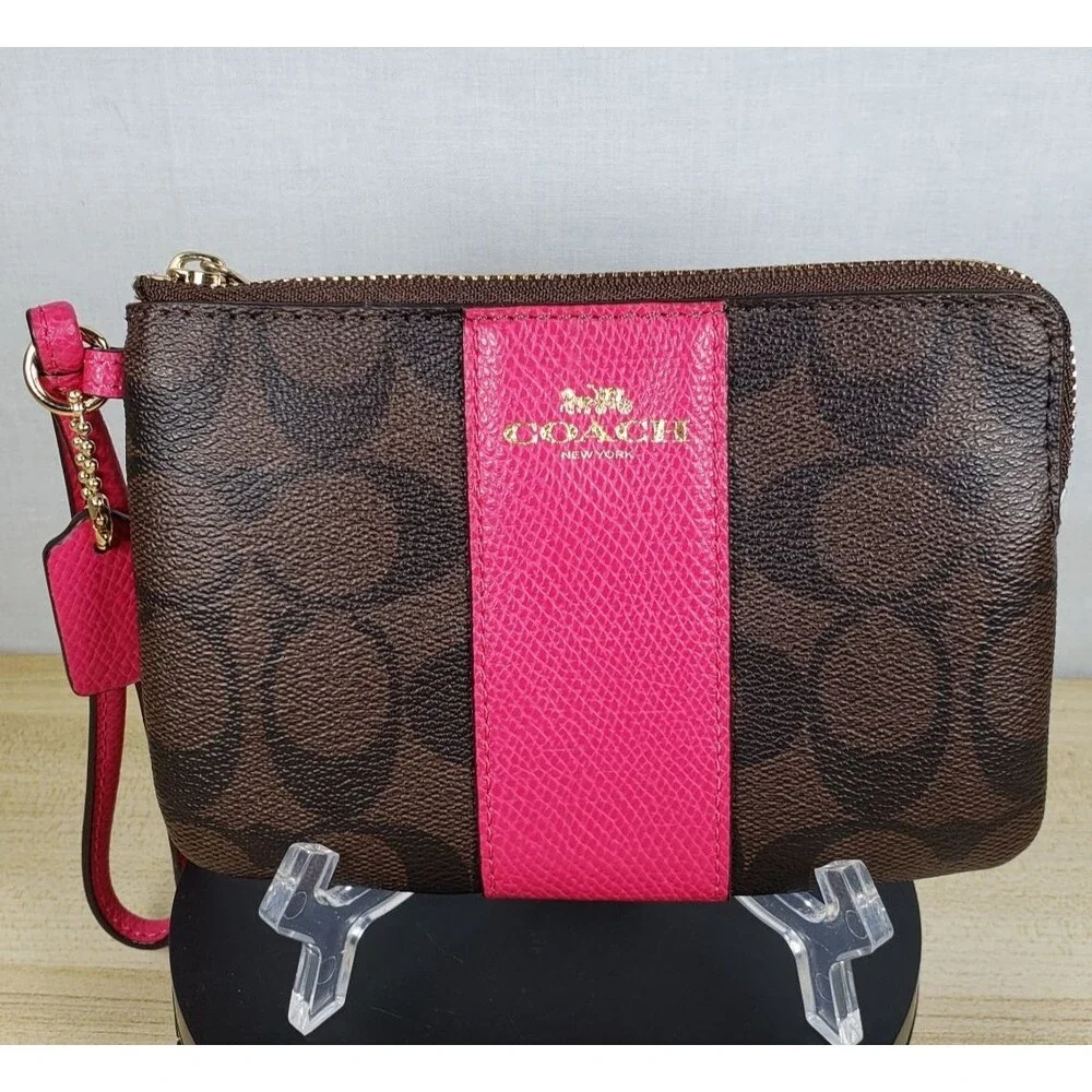 COACH Corner Zip Wristlet In Dark Brown Signature Leather w/ Hot Pink Stripe